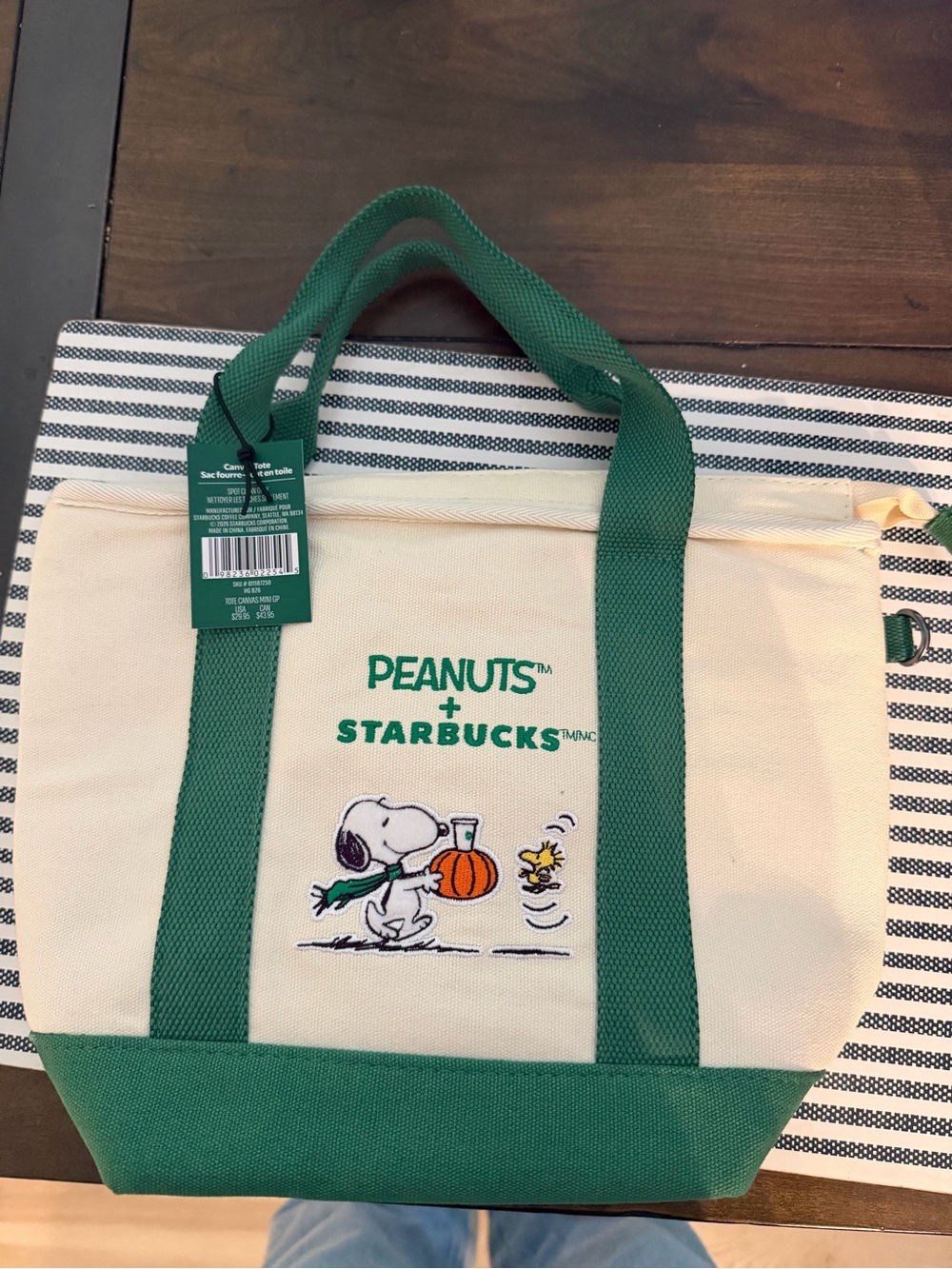 Peanuts x Starbucks Cream and Green Canvas Tote with Snoopy Embroidery